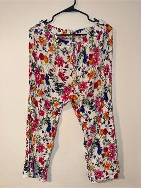 Floral Drawstring Lounge Pants – White Base with Pink, Orange, Blue Flowers
